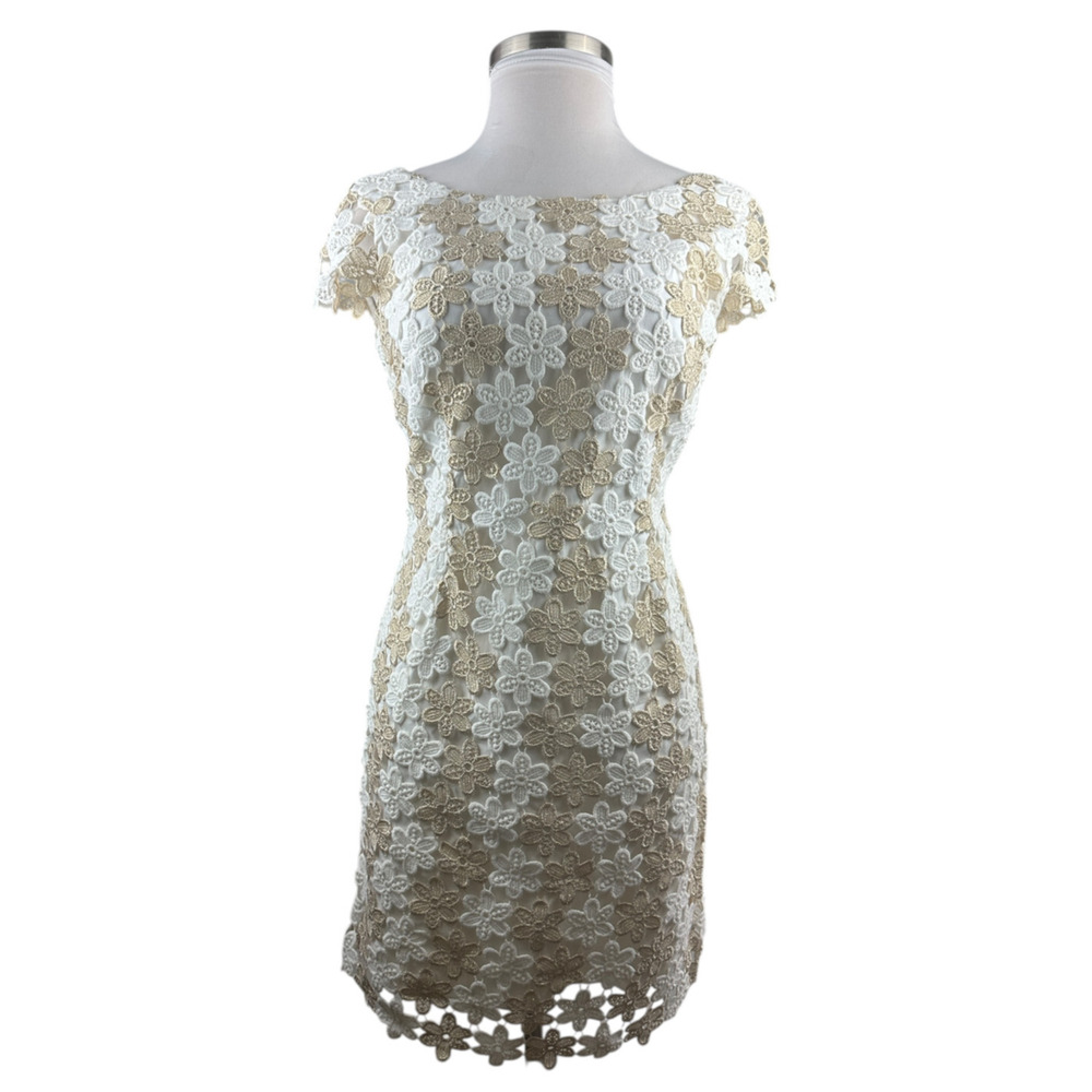 Lilly Pulitzer White Gold Floral Barbara Dress Lace Crochet Shift Womens Size 10 - Picture 2 of 16